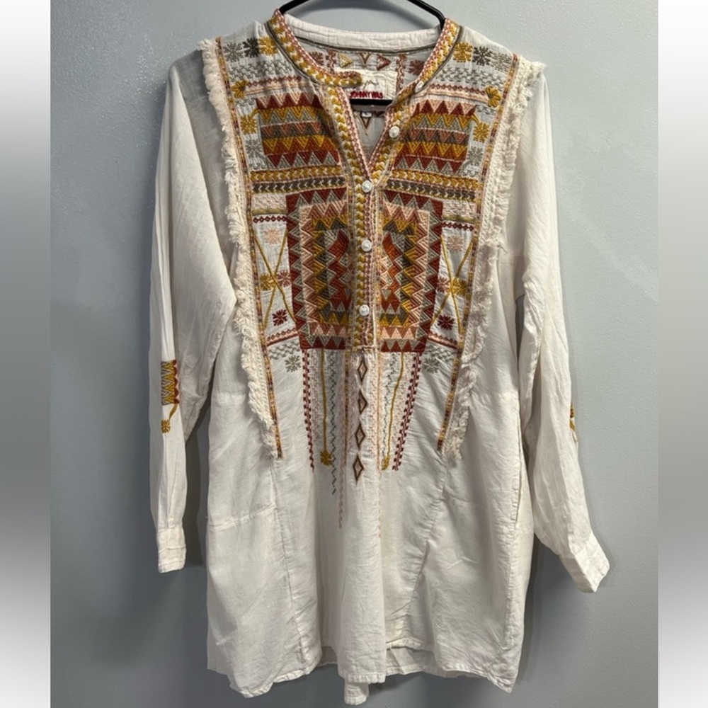 Johnny Was x Biya Long Sleeve White Linen Embroidered Tunic w Pockets - Small
